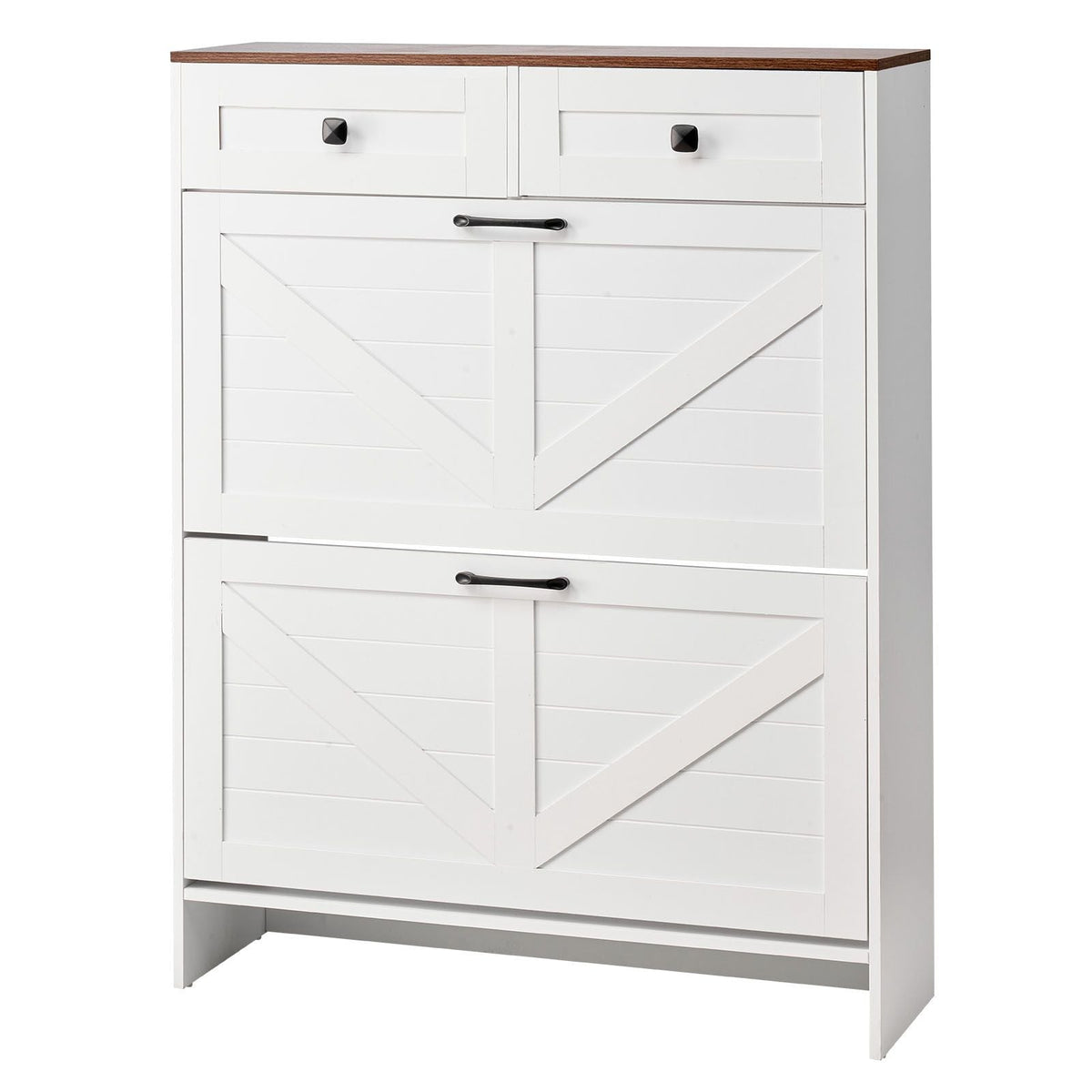 Shoe Cabinet with 2 Flip Drawers, Farmhouse Shoes Storage Cabinet with 2 Drawers and Anti-Tipping Device, Freestanding Shoe Organizer Ideal for Entryway, Hallway, Bedroom, Living Room, White