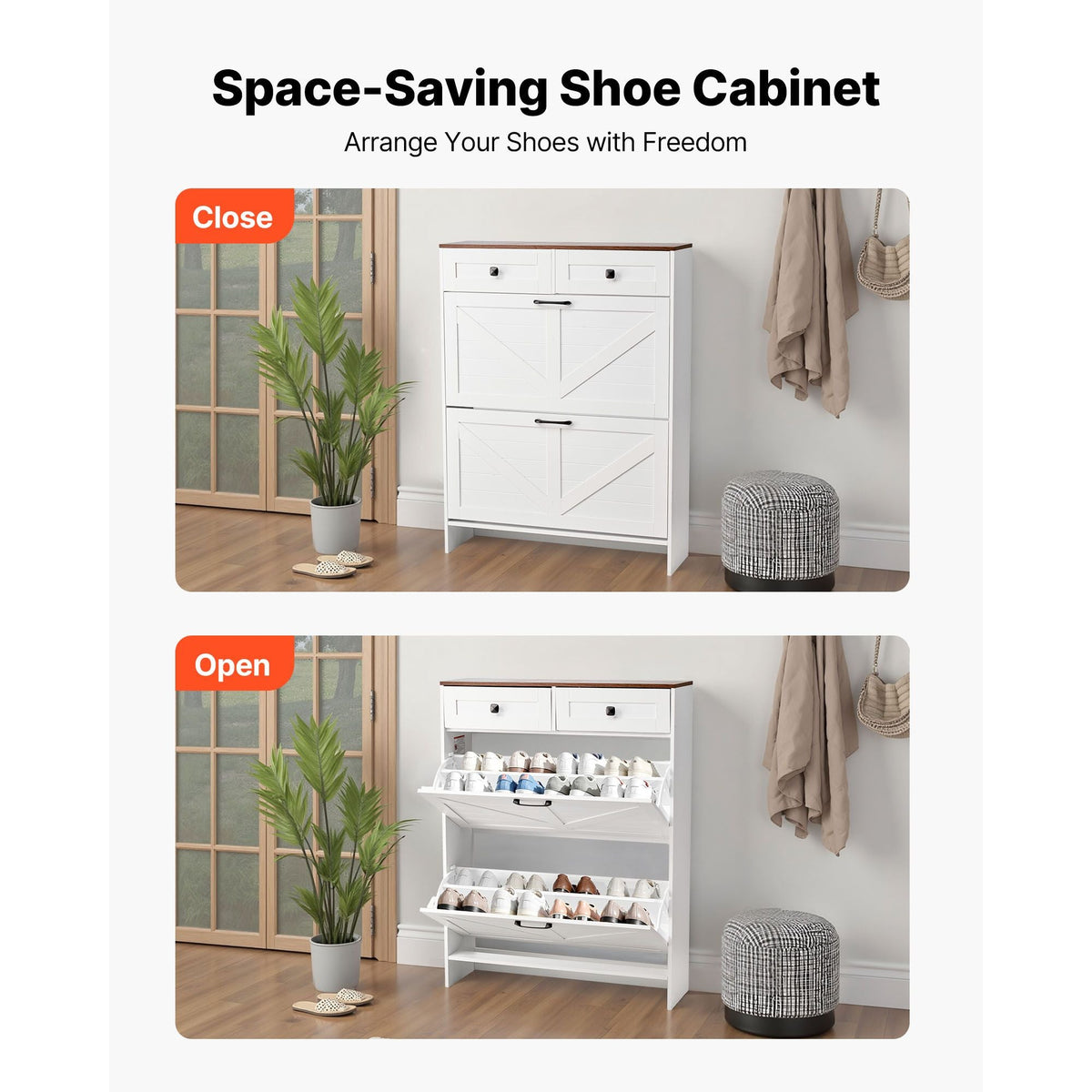 Shoe Cabinet with 2 Flip Drawers, Farmhouse Shoes Storage Cabinet with 2 Drawers and Anti-Tipping Device, Freestanding Shoe Organizer Ideal for Entryway, Hallway, Bedroom, Living Room, White