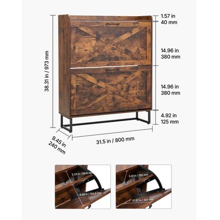Shoe Cabinet with 2 Flip Drawers, Farmhouse Shoes Storage Cabinet with Metal Legs and Anti-Tipping Device, Freestanding Shoe Organizer Ideal for Entryway, Hallway, Bedroom, Living Room, Brown