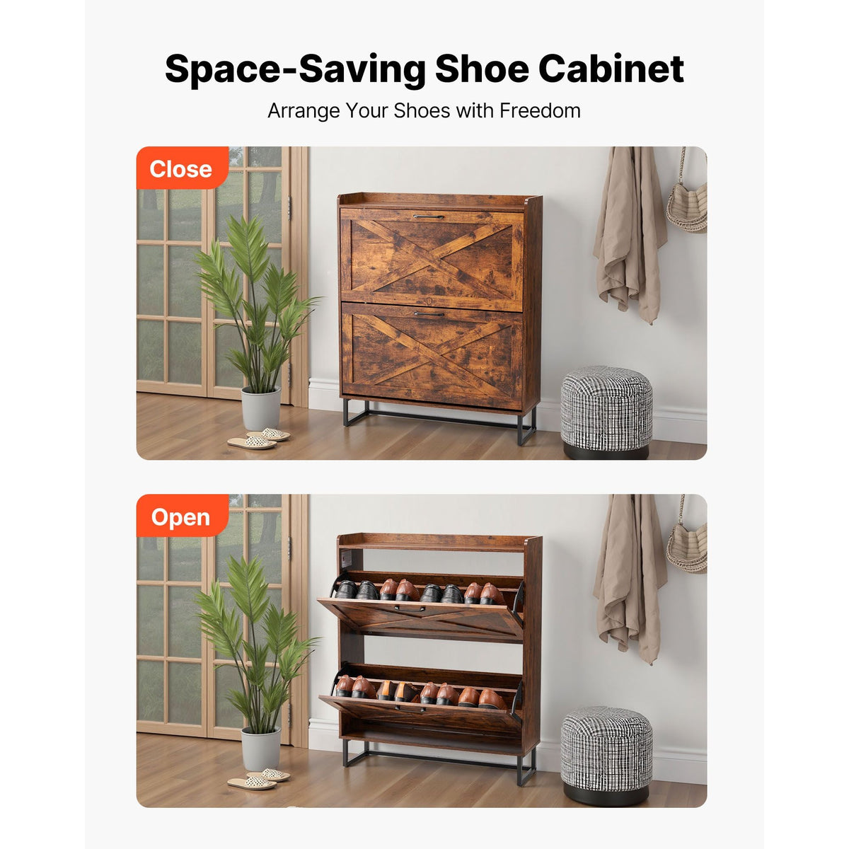 Shoe Cabinet with 2 Flip Drawers, Farmhouse Shoes Storage Cabinet with Metal Legs and Anti-Tipping Device, Freestanding Shoe Organizer Ideal for Entryway, Hallway, Bedroom, Living Room, Brown