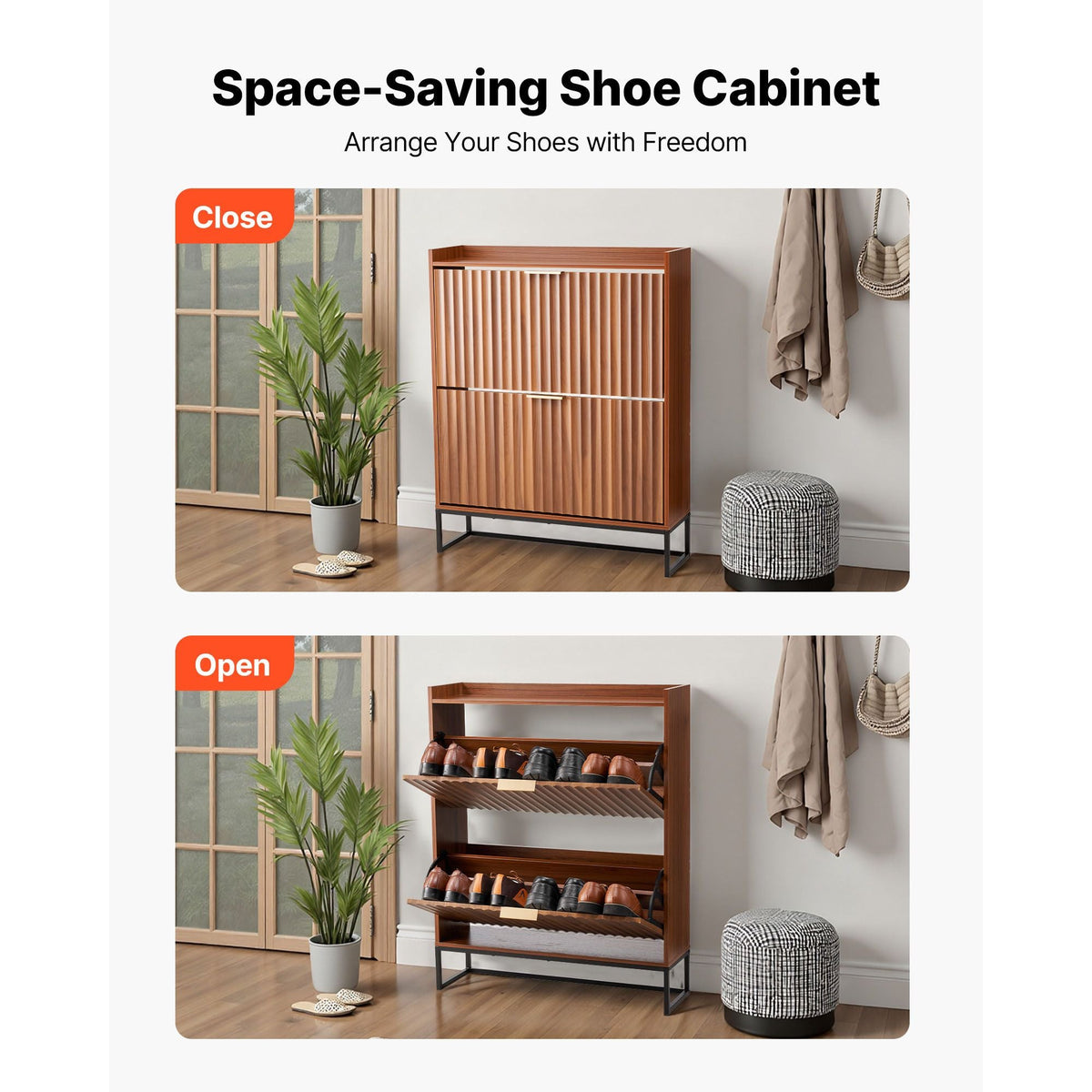 Shoe Cabinet with 2 Flip Drawers, Mid-Century Shoes Storage Cabinet with Anti-Tipping Device, Freestanding Fluted Shoe Organizer, Ideal for Entrance, Hallway, Bedroom, Living Room, Walnut