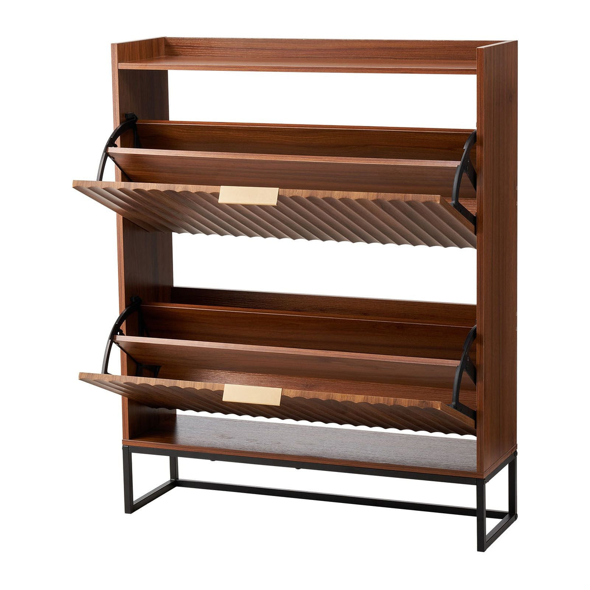 Shoe Cabinet with 2 Flip Drawers, Mid-Century Shoes Storage Cabinet with Anti-Tipping Device, Freestanding Fluted Shoe Organizer, Ideal for Entrance, Hallway, Bedroom, Living Room, Walnut