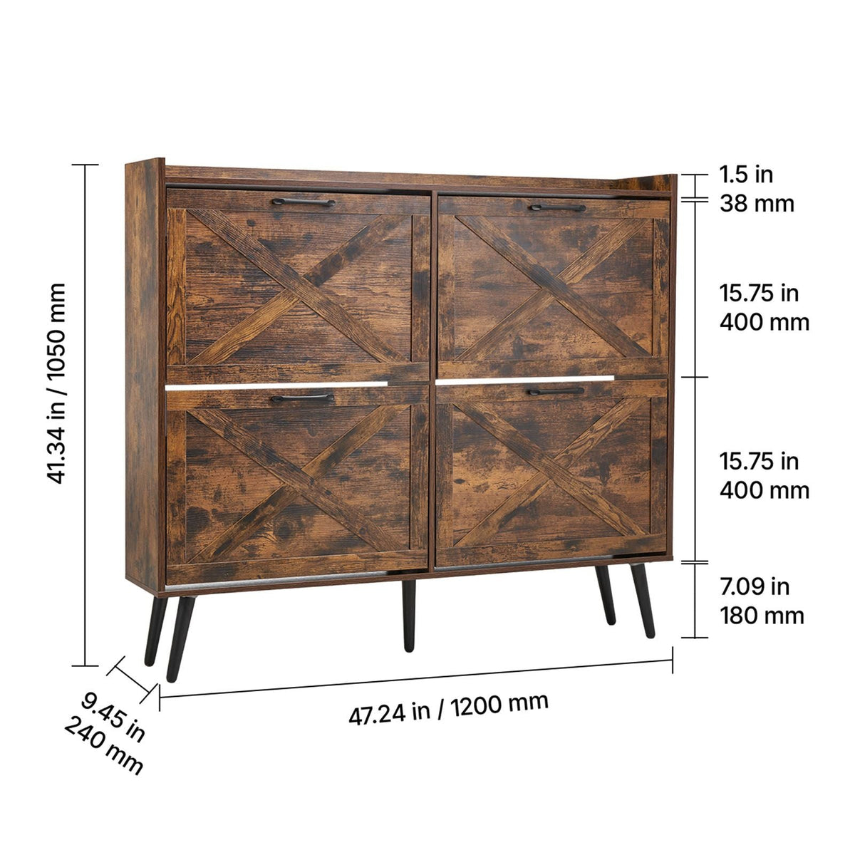 Shoe Cabinet with 4 Flip Drawers, Farmhouse Shoes Storage Cabinet with Wood Legs and Anti-Tipping Device, Freestanding Shoe Organizer Ideal for Entryway, Hallway, Bedroom, Living Room, Brown