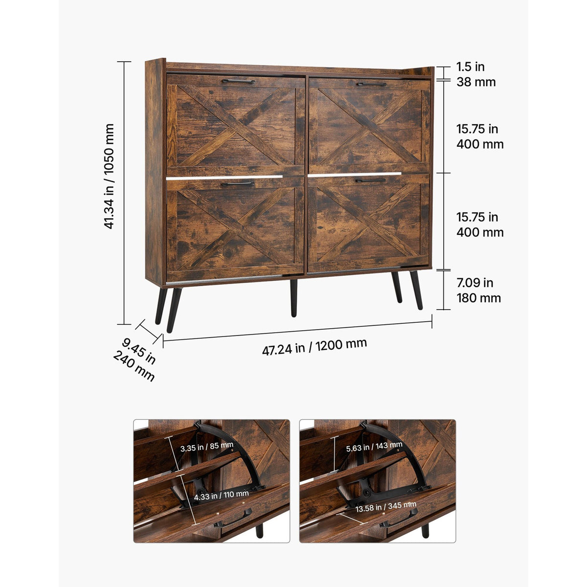 Shoe Cabinet with 4 Flip Drawers, Farmhouse Shoes Storage Cabinet with Wood Legs and Anti-Tipping Device, Freestanding Shoe Organizer Ideal for Entryway, Hallway, Bedroom, Living Room, Brown