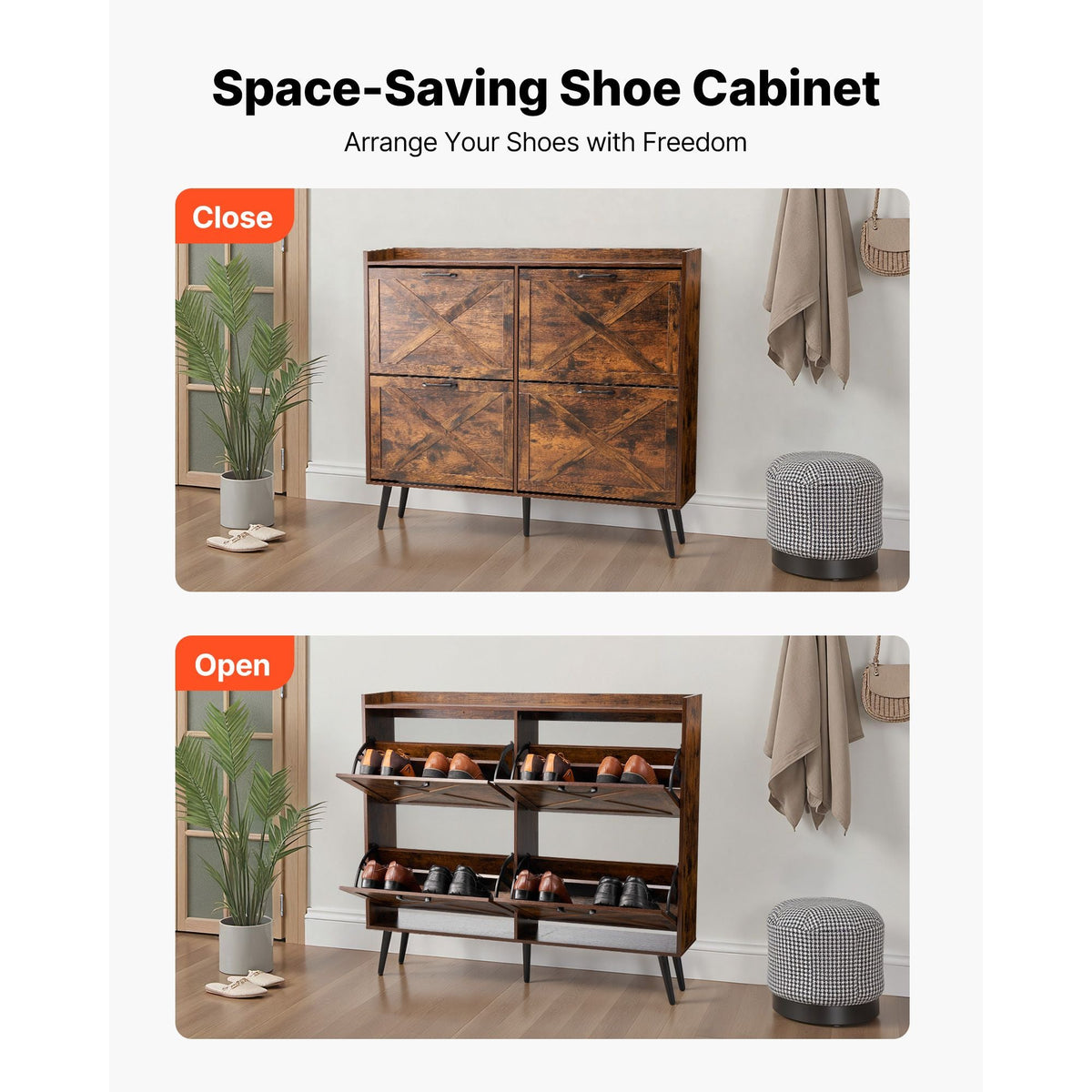 Shoe Cabinet with 4 Flip Drawers, Farmhouse Shoes Storage Cabinet with Wood Legs and Anti-Tipping Device, Freestanding Shoe Organizer Ideal for Entryway, Hallway, Bedroom, Living Room, Brown