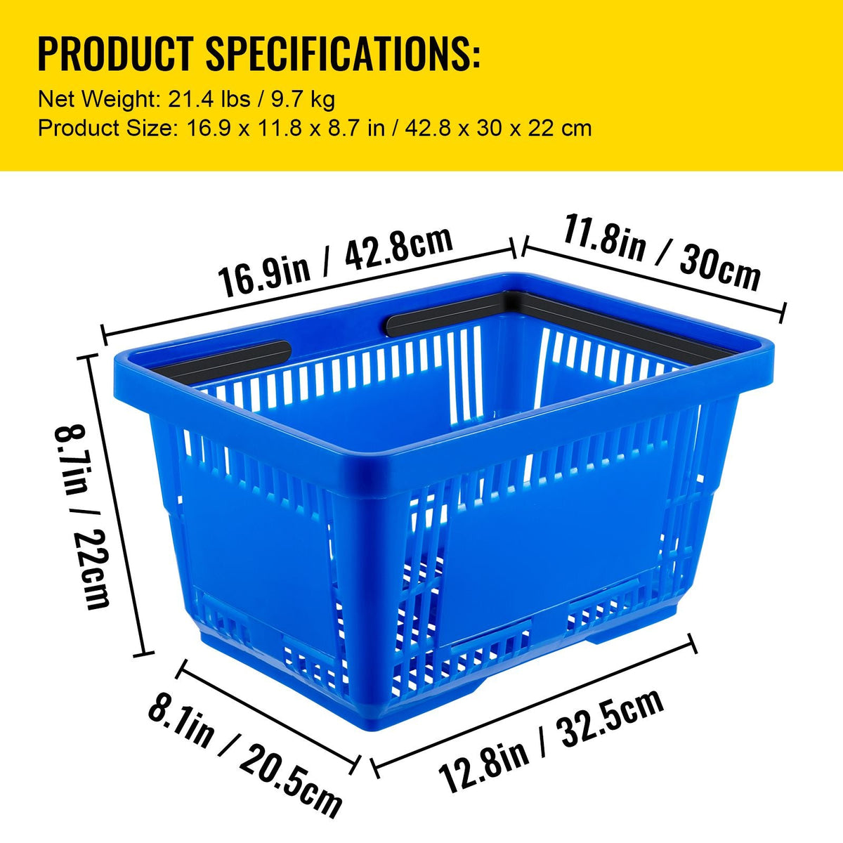 Shopping Basket, 16.9 x 11.8 x 8.7 in/42.8 x 30 x 22 cm((L x W x H), Plastic Handle and Iron Stand, Set of 12 Store Baskets with Durable PE Material Used for Supermarket, Retail, Bookstore, Blue