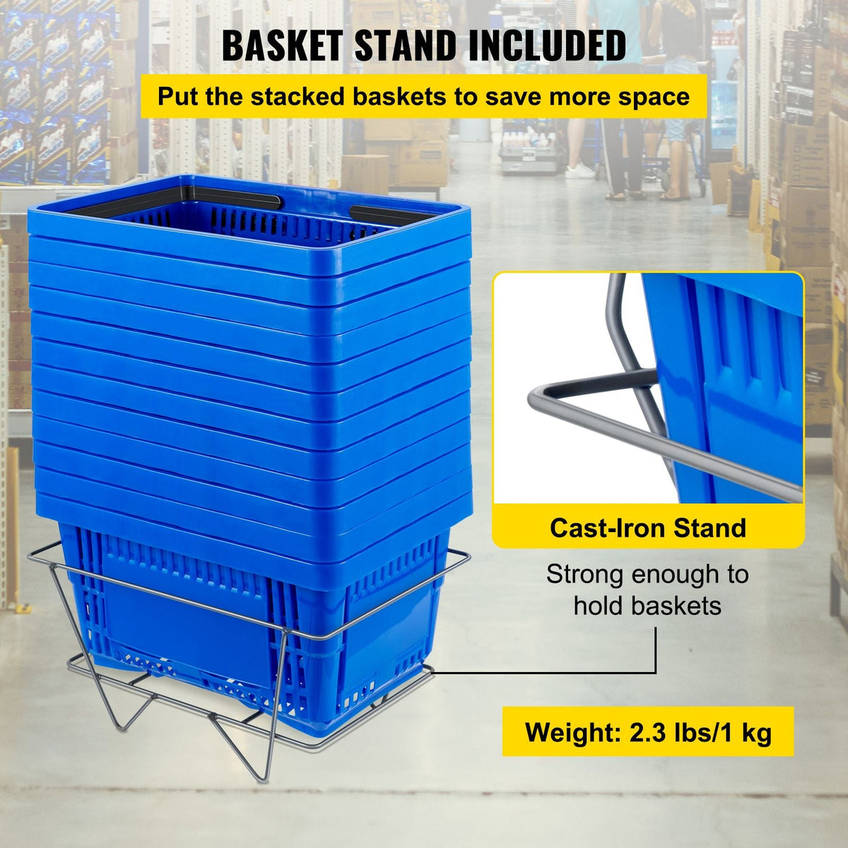 Shopping Basket, 16.9 x 11.8 x 8.7 in/42.8 x 30 x 22 cm((L x W x H), Plastic Handle and Iron Stand, Set of 12 Store Baskets with Durable PE Material Used for Supermarket, Retail, Bookstore, Blue