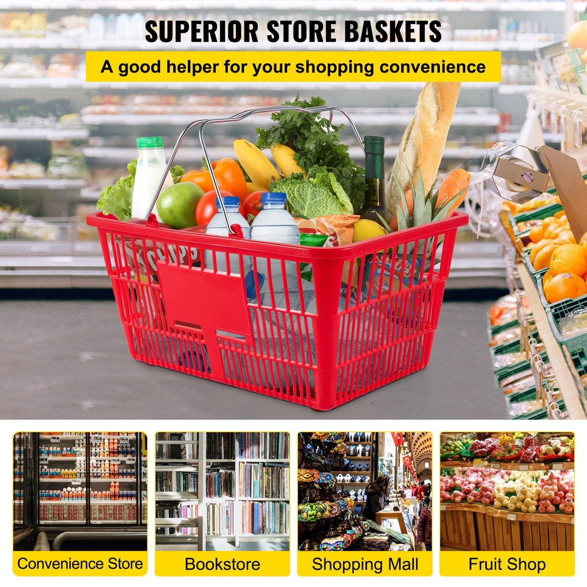 Shopping Baskets, 12-Pack, Red, Sturdy Polyethylene with Handles and Stand, Size: 16.9"L x 11.8"W x 8.07"H, Suitable for Stores & Groceries - Capacity: 21 L/5.6 Gal