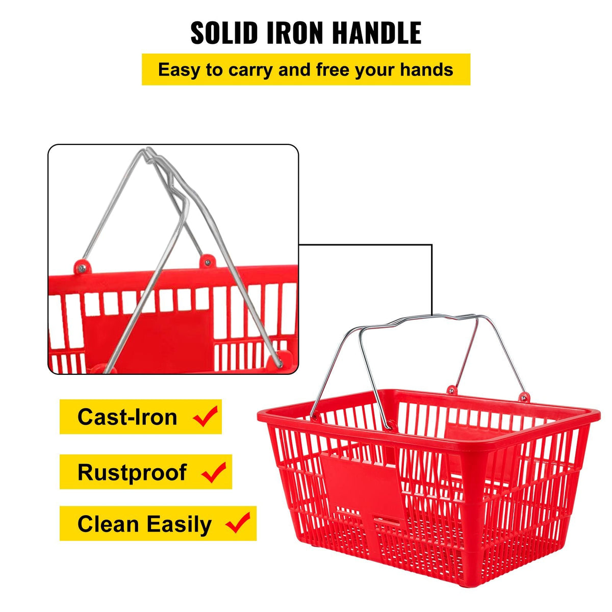 Shopping Baskets, 12-Pack, Red, Sturdy Polyethylene with Handles and Stand, Size: 16.9"L x 11.8"W x 8.07"H, Suitable for Stores & Groceries - Capacity: 21 L/5.6 Gal