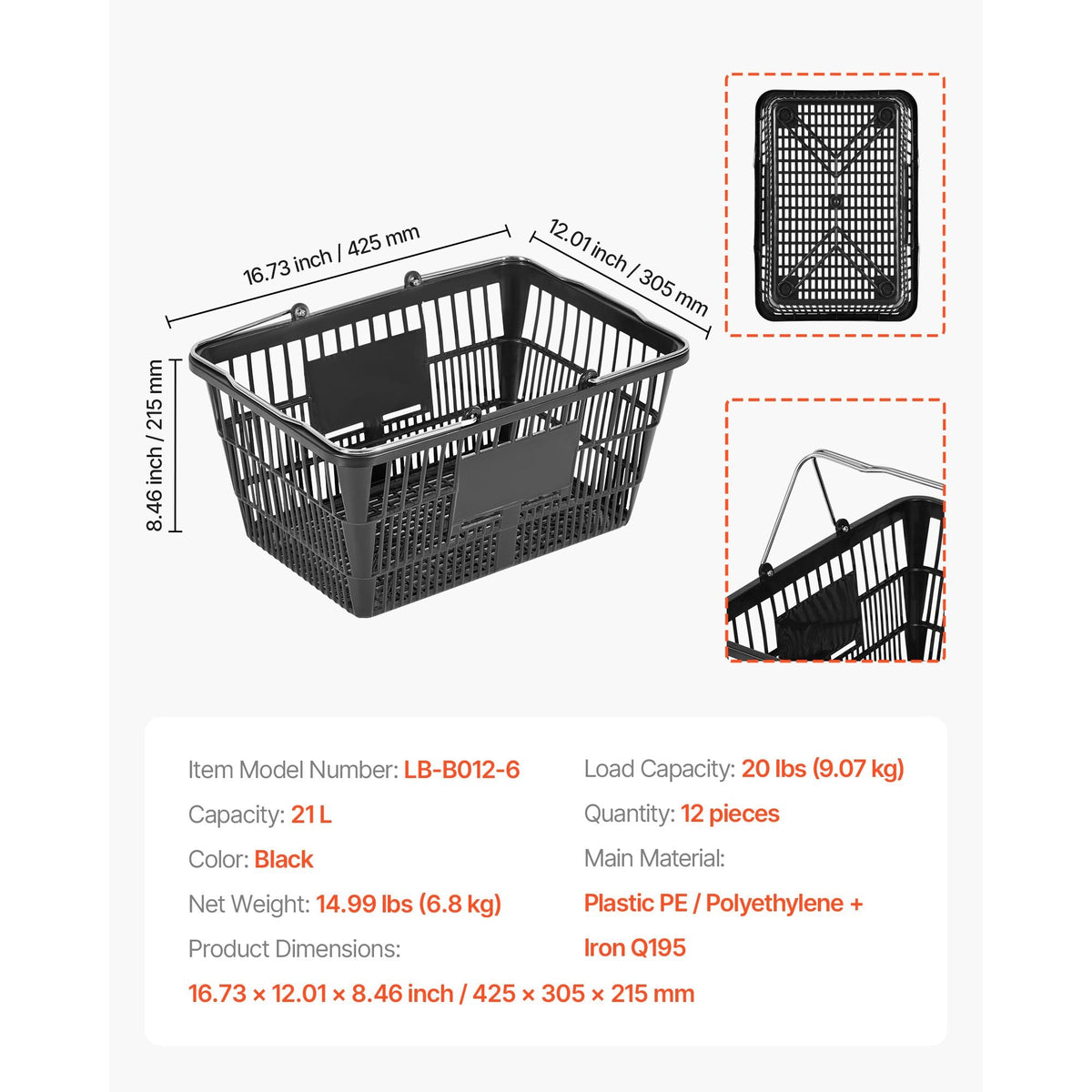 Shopping Baskets, 12 PCS, 21L Stackable PE Plastic Grocery Baskets with Handles, Dense Mesh Structure, Holds up to 20 lbs, Portable for Grocery, Retail, Stores, Supermarket, Home Use, Black