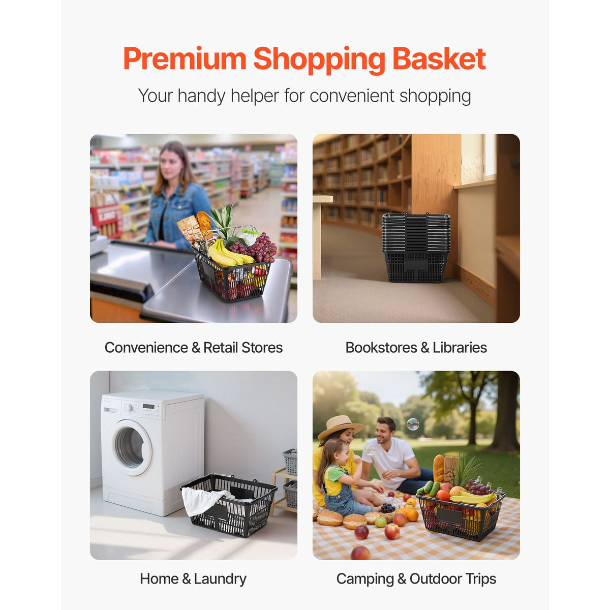 Shopping Baskets, 12 PCS, 21L Stackable PE Plastic Grocery Baskets with Handles, Dense Mesh Structure, Holds up to 20 lbs, Portable for Grocery, Retail, Stores, Supermarket, Home Use, Black
