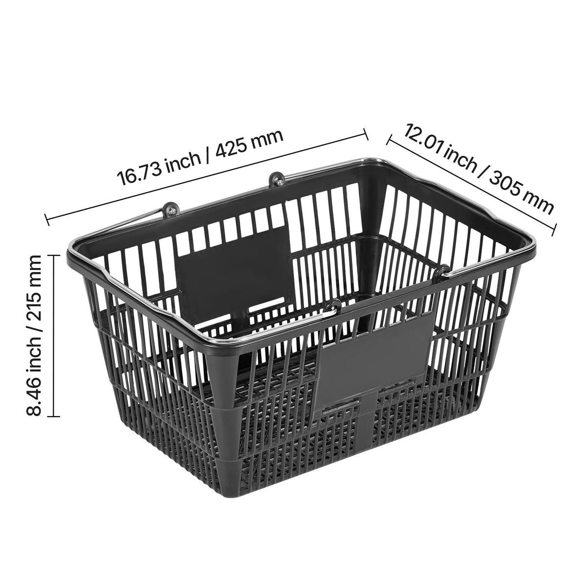 Shopping Baskets, 12 PCS, 21L Stackable PE Plastic Grocery Baskets with Handles, Dense Mesh Structure, Holds up to 20 lbs, Portable for Grocery, Retail, Stores, Supermarket, Home Use, Black