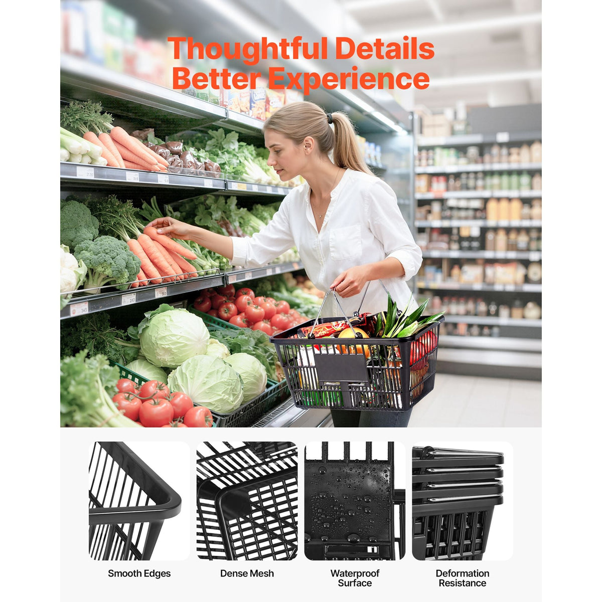 Shopping Baskets, 12 PCS, 21L Stackable PE Plastic Grocery Baskets with Handles, Dense Mesh Structure, Holds up to 20 lbs, Portable for Grocery, Retail, Stores, Supermarket, Home Use, Black