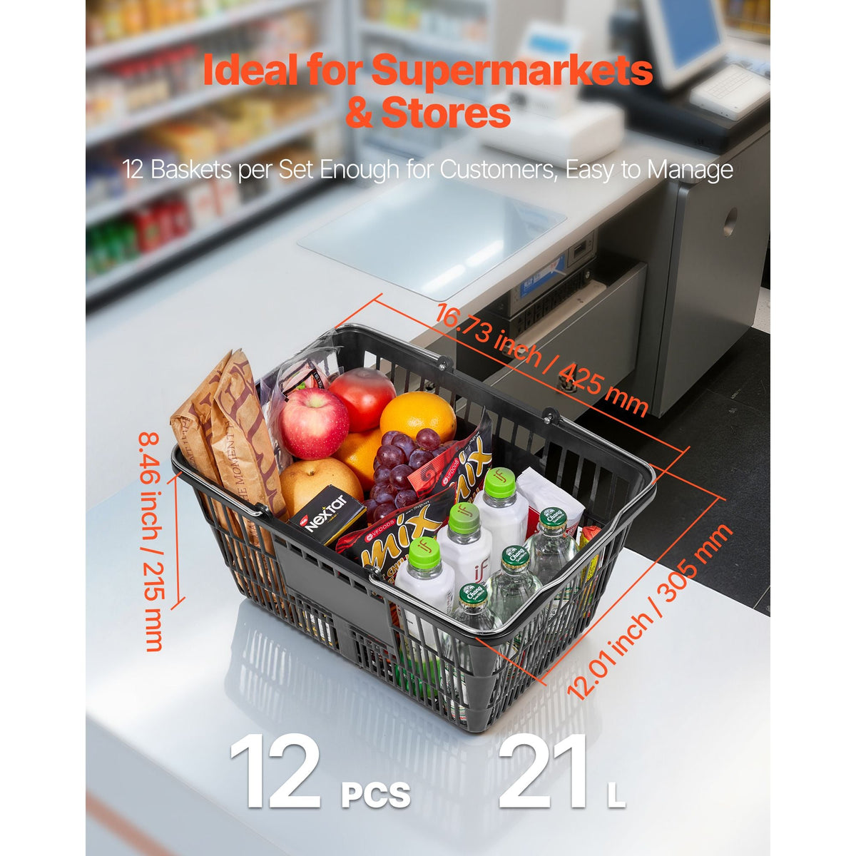 Shopping Baskets, 12 PCS, 21L Stackable PE Plastic Grocery Baskets with Handles, Dense Mesh Structure, Holds up to 20 lbs, Portable for Grocery, Retail, Stores, Supermarket, Home Use, Black
