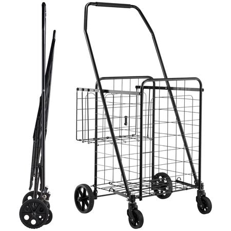 Shopping Cart, Folding Grocery Utility Cart with Dual Baskets, Waterproof Liner & Wheels, 100 LBS Large Load Capacity, Heavy Duty Laundry Basket for Laundry, Shopping, Camping, Grocery, Luggage