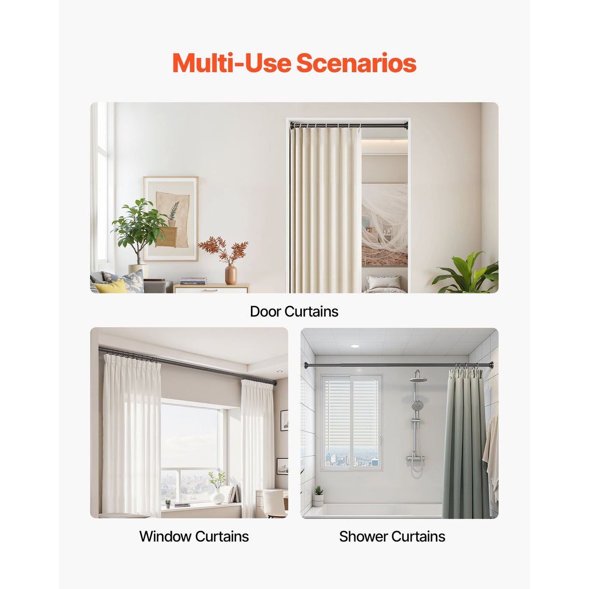 Shower Curtain Rod, 28-76 Inches, 1 Inch Diameter, Adjustable Spring Tension Stainless Steel Telescoping Rod with Holders, No Drilling Non-Slip for Bathroom, Closet, Window, Room Divider, Black
