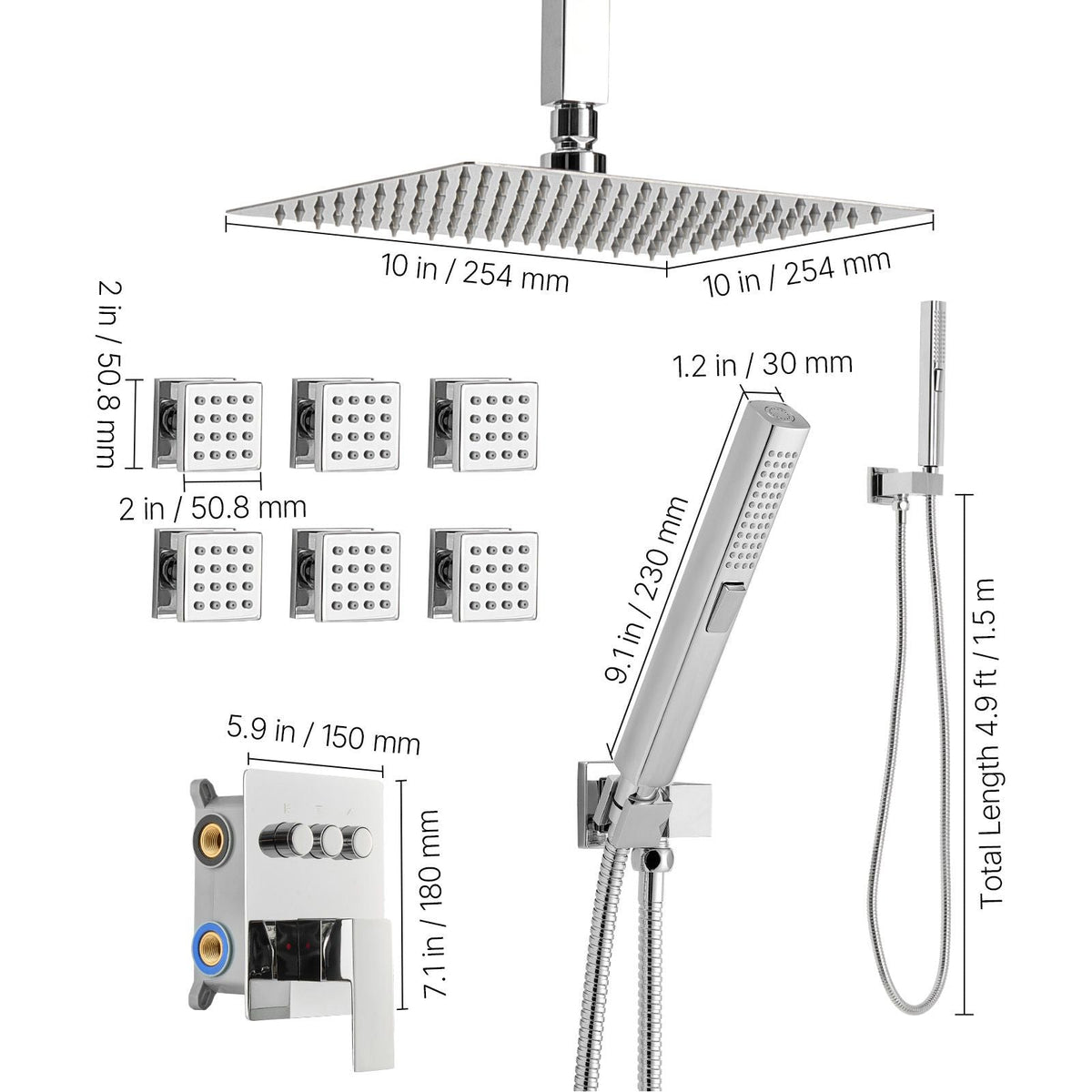 Shower Faucet Set, 10 Inch Ceiling Mount Rainfall Shower System with 6 Body Jets and 2 in 1 Handheld Spray, Rotatable 3-Function Rain Head System Set, Complete Brass Valve and Trim Kit, Chrome