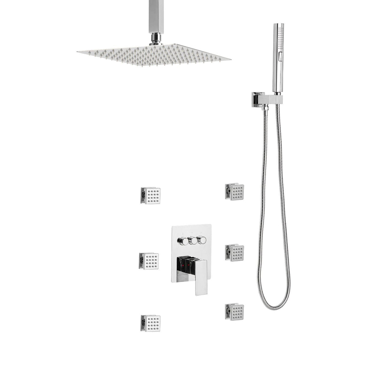 Shower Faucet Set, 10 Inch Ceiling Mount Rainfall Shower System with 6 Body Jets and 2 in 1 Handheld Spray, Rotatable 3-Function Rain Head System Set, Complete Brass Valve and Trim Kit, Chrome