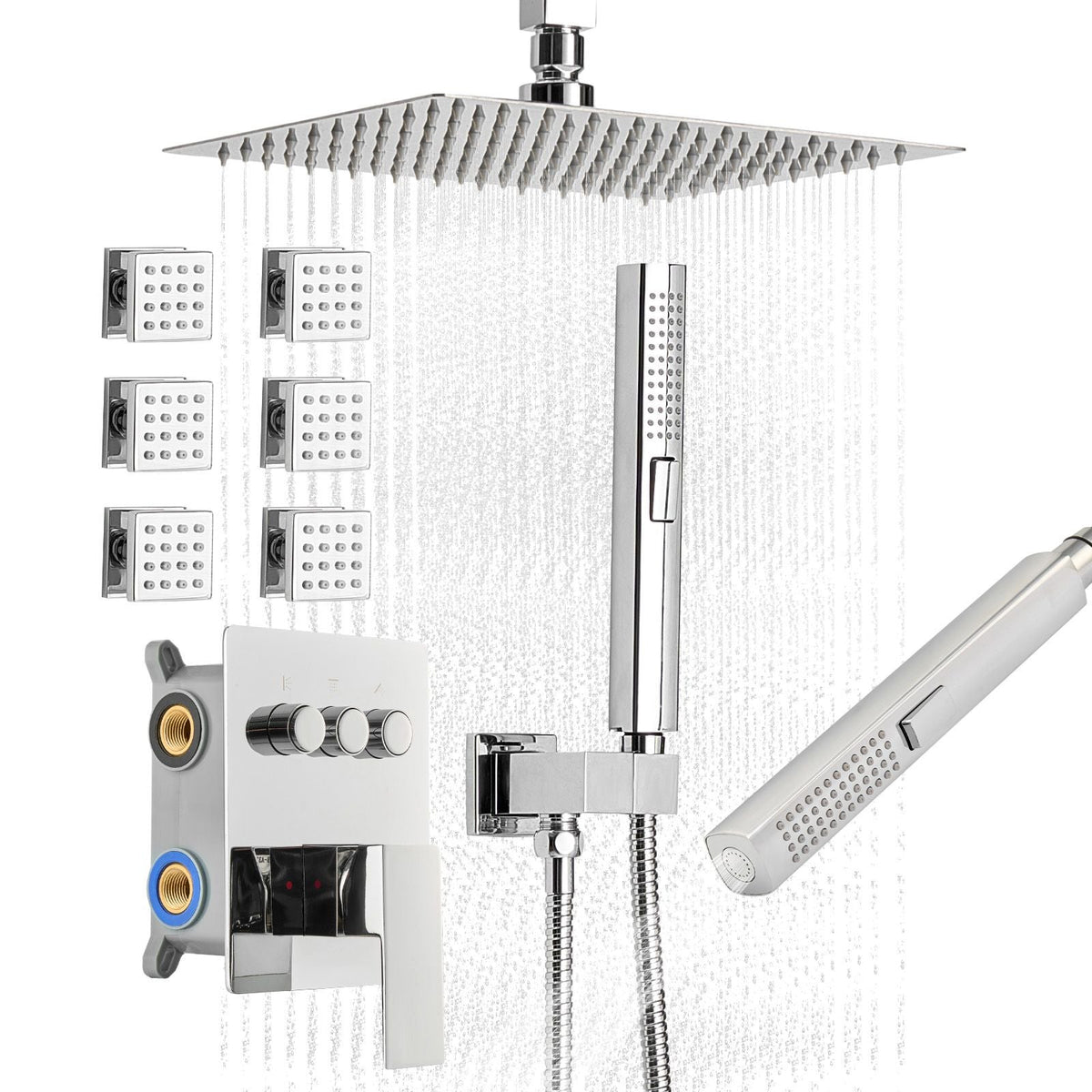 Shower Faucet Set, 10 Inch Ceiling Mount Rainfall Shower System with 6 Body Jets and 2 in 1 Handheld Spray, Rotatable 3-Function Rain Head System Set, Complete Brass Valve and Trim Kit, Chrome