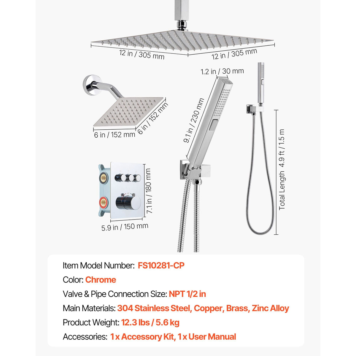Shower Faucet Set, 12 Inch Thermostatic Ceiling Mount Rainfall Shower System with 6 Inch Wall Mount Head and 2 in 1 Handheld Spray, 3-Function Dual Rain Head Brass Valve and Trim Kit, Chrome