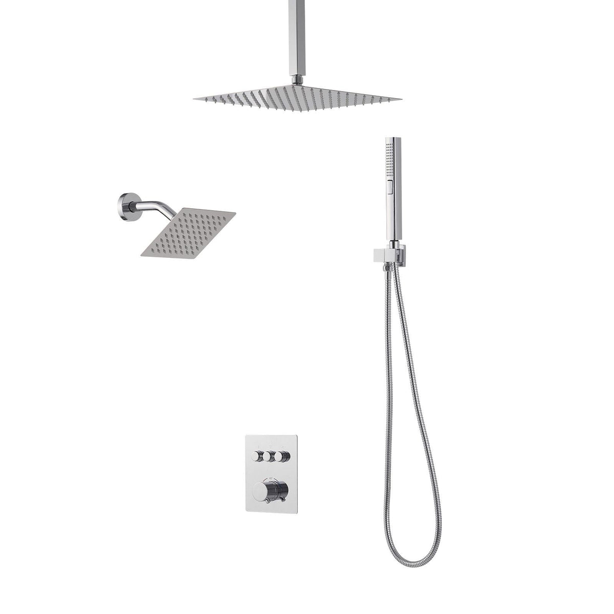Shower Faucet Set, 12 Inch Thermostatic Ceiling Mount Rainfall Shower System with 6 Inch Wall Mount Head and 2 in 1 Handheld Spray, 3-Function Dual Rain Head Brass Valve and Trim Kit, Chrome