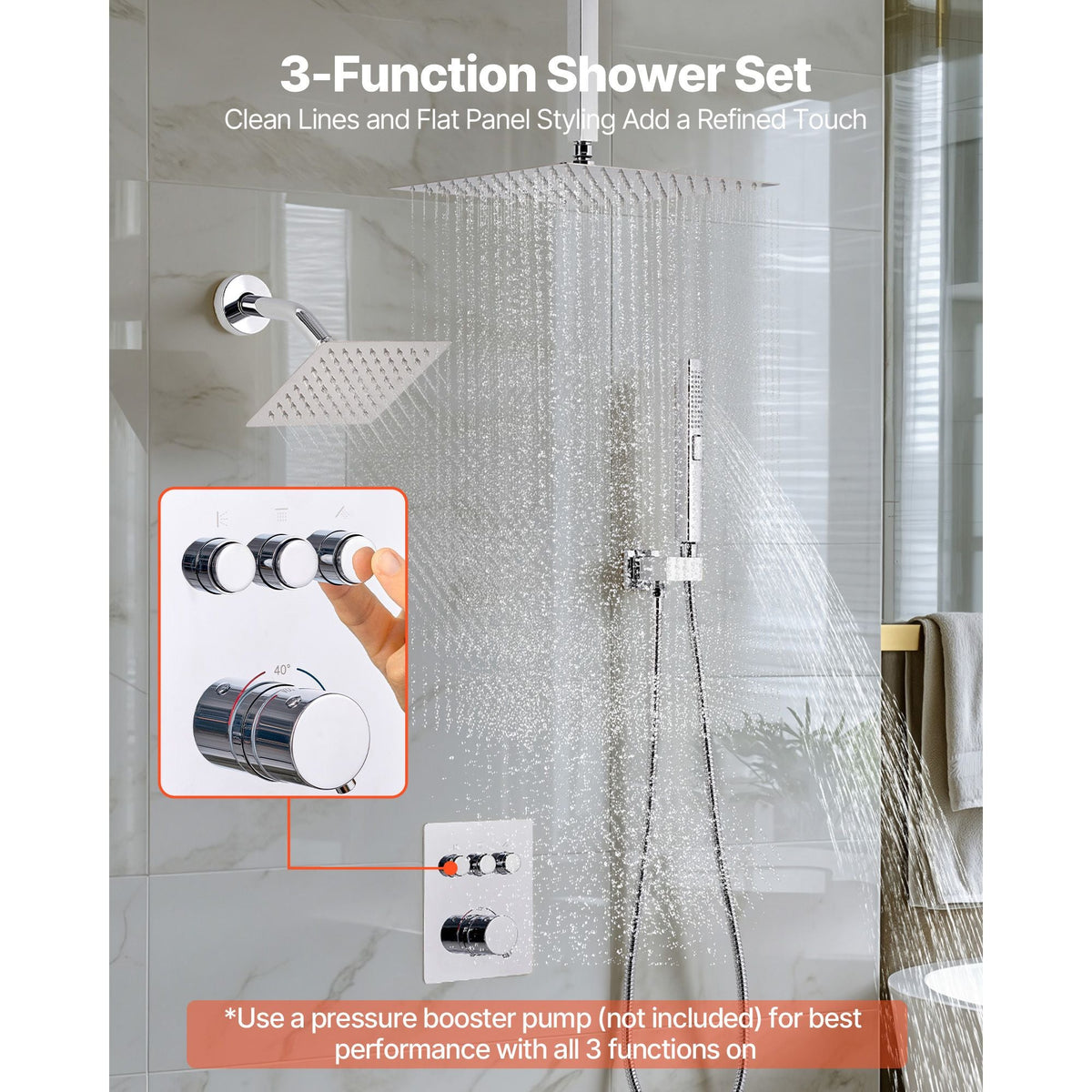 Shower Faucet Set, 12 Inch Thermostatic Ceiling Mount Rainfall Shower System with 6 Inch Wall Mount Head and 2 in 1 Handheld Spray, 3-Function Dual Rain Head Brass Valve and Trim Kit, Chrome