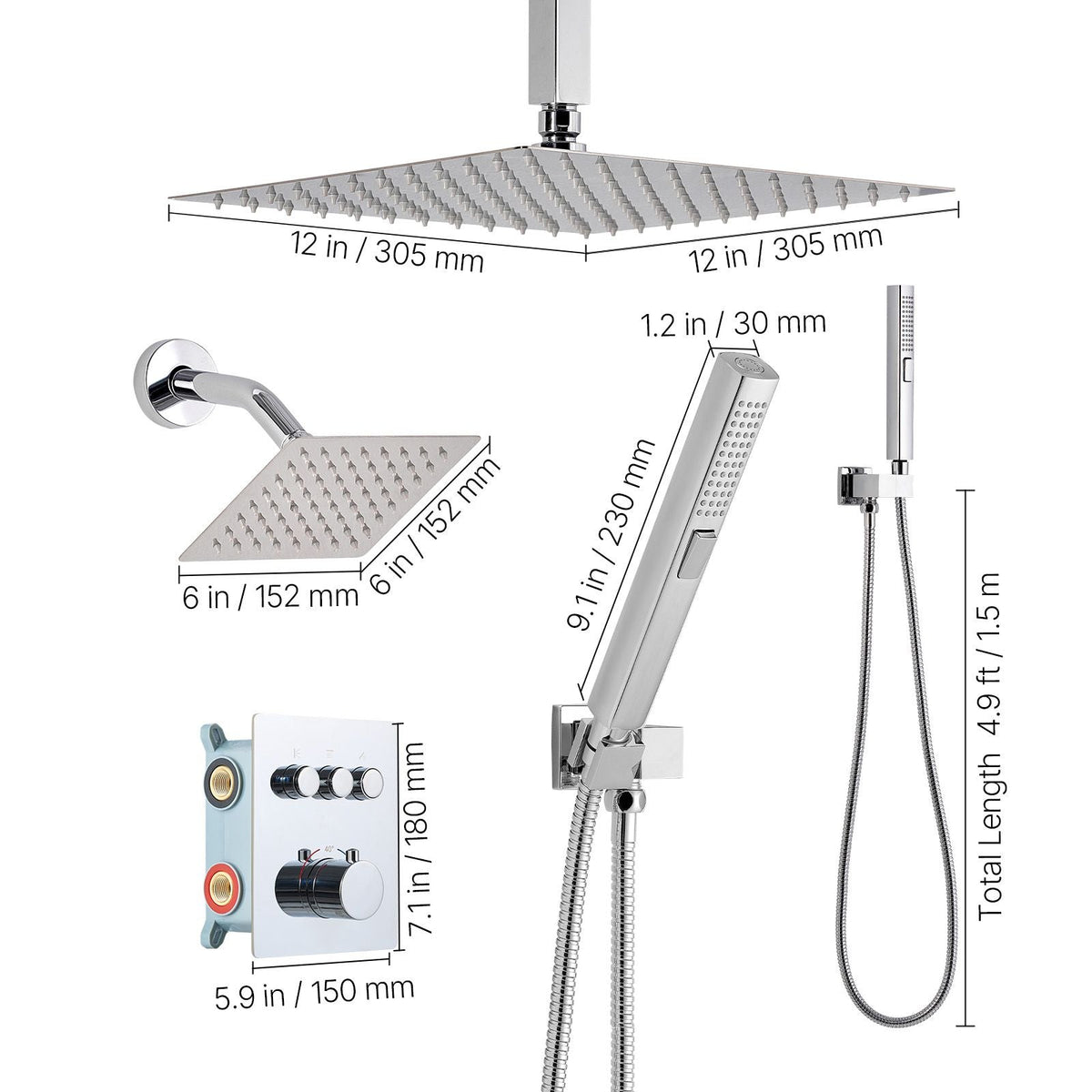 Shower Faucet Set, 12 Inch Thermostatic Ceiling Mount Rainfall Shower System with 6 Inch Wall Mount Head and 2 in 1 Handheld Spray, 3-Function Dual Rain Head Brass Valve and Trim Kit, Chrome