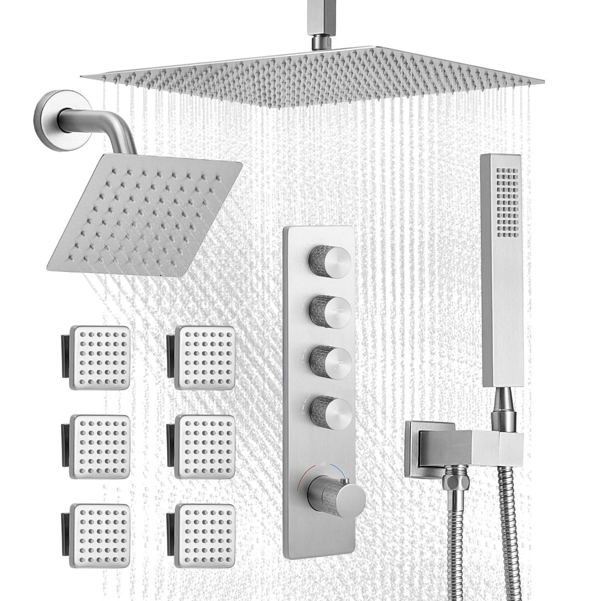 Shower Faucet Set, 16 Inch Thermostatic Ceiling Mount Rainfall Shower System with 6 Inch Wall Mount Head, 6 Body Jets and Handheld Spray, Dual Rain Head Brass Valve and Trim Kit, Brushed Nickel