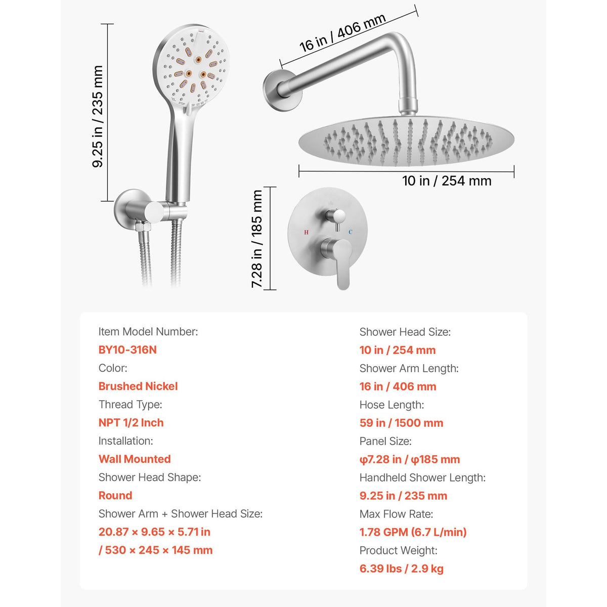 Shower Faucet Set, Rainfall Bathroom Shower System with 10-Inch Round Rain Shower Head and Handheld Spray, Wall Mounted Bath Fixtures with Brass Valve and Trim Kit, Brushed Nickel