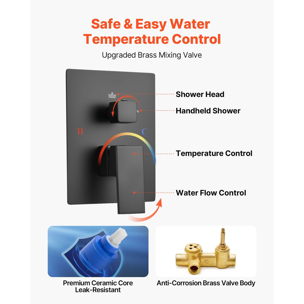 Shower Faucet Set, Rainfall Bathroom Shower System with 12-Inch Square Rain Shower Head and Handheld Spray, Wall Mounted Bath Fixtures with Brass Valve and Trim Kit, Matte Black