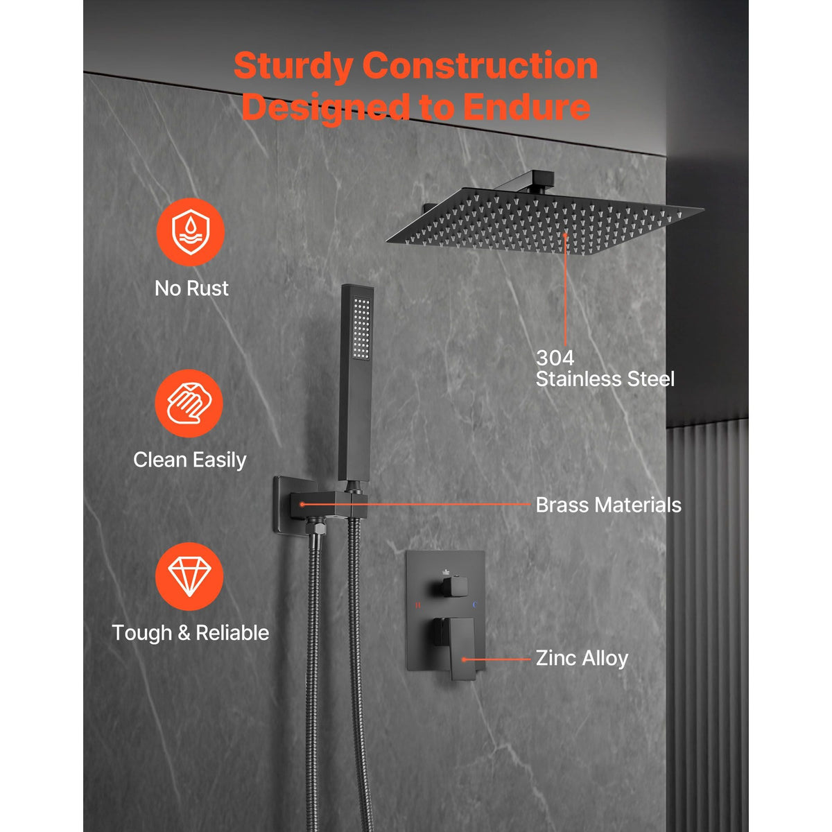 Shower Faucet Set, Rainfall Bathroom Shower System with 12-Inch Square Rain Shower Head and Handheld Spray, Wall Mounted Bath Fixtures with Brass Valve and Trim Kit, Matte Black
