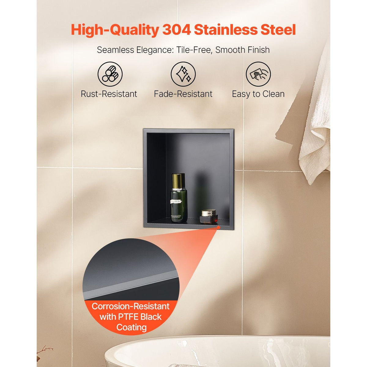 Shower Niche, 13 x 13 x 4 inch Recessed Wall Niche, Heavy-duty Stainless Steel Modern Soap & Shampoo Storage Organizer, Sealed Waterproof, Durable & Easy to Install,Black for Bathroom