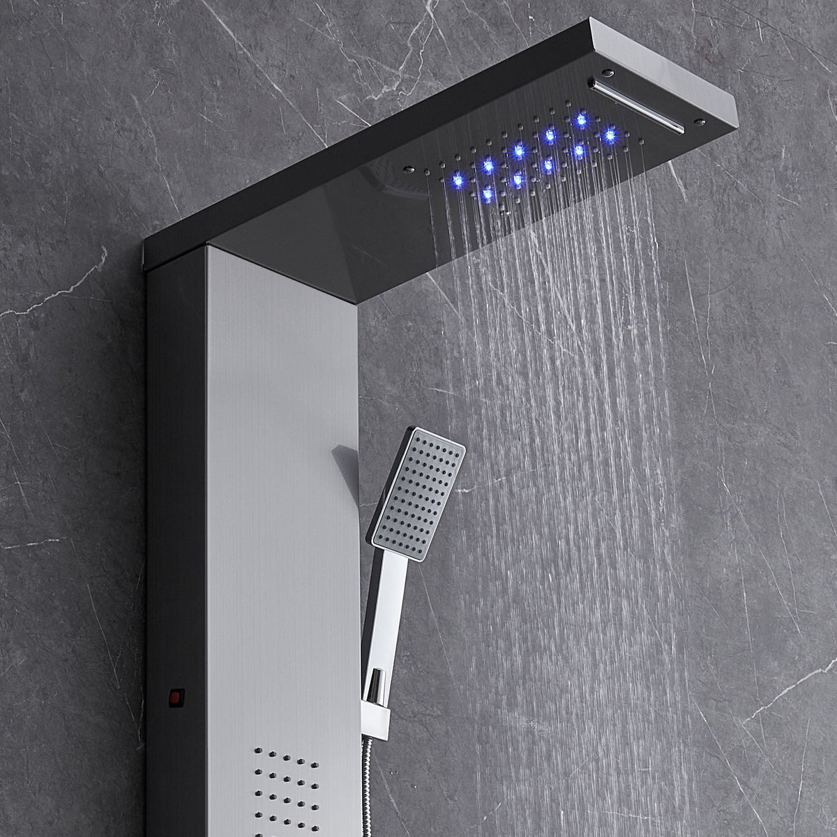 Shower Panel System, 5 Shower Modes, LED Shower Panel Tower, Rainfall, Waterfall, 2 Body Massage Jets, Tub Spout, Handheld Shower Head with 59" Hose, Stainless Steel Wall-Mounted Shower Set