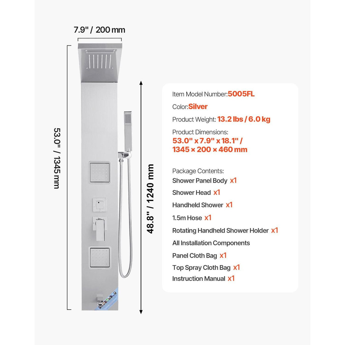 Shower Panel Tower System with Rainfall Waterfall Shower Head, 53 in Brushed Stainless Steel Shower Column, 5-Function Faucet, Wall-Mount Rain Massage System with 2 Body Jet, Handheld, Tub Spout