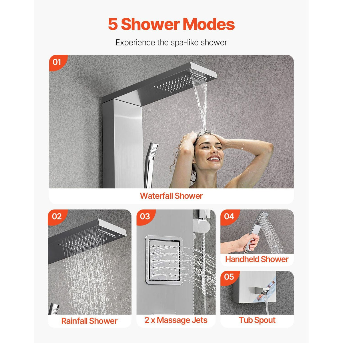 Shower Panel Tower System with Rainfall Waterfall Shower Head, 53 in Brushed Stainless Steel Shower Column, 5-Function Faucet, Wall-Mount Rain Massage System with 2 Body Jet, Handheld, Tub Spout