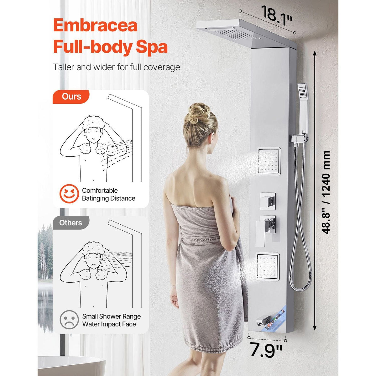 Shower Panel Tower System with Rainfall Waterfall Shower Head, 53 in Brushed Stainless Steel Shower Column, 5-Function Faucet, Wall-Mount Rain Massage System with 2 Body Jet, Handheld, Tub Spout