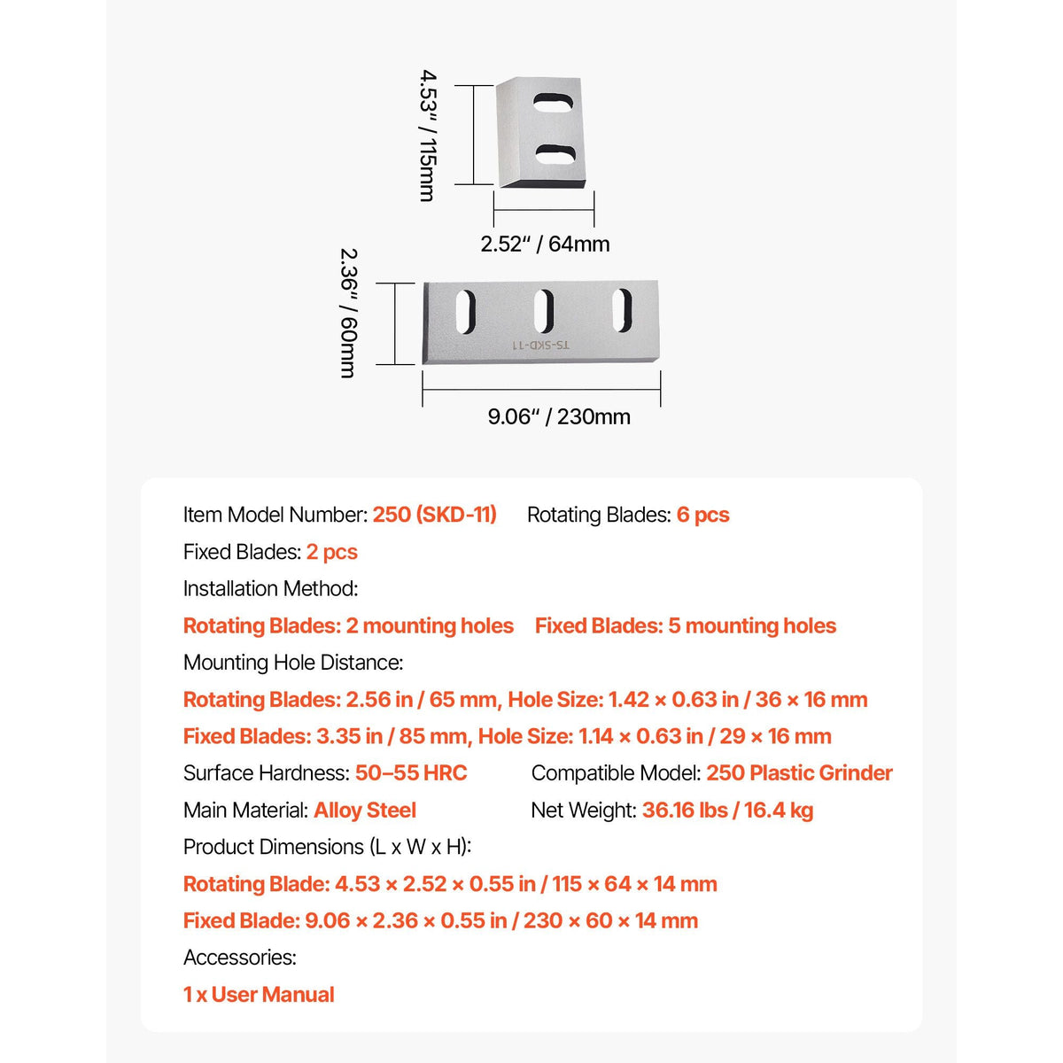 Shredder Blades, Alloy Steel Shredder Machine Blade Kit with 6 Rotating and 2 Fixed Blades, High-Hardness SKD-11 Blade, Compatible with Model 250 Plastic Grinder, for ABS, PP, PVC & Nylon