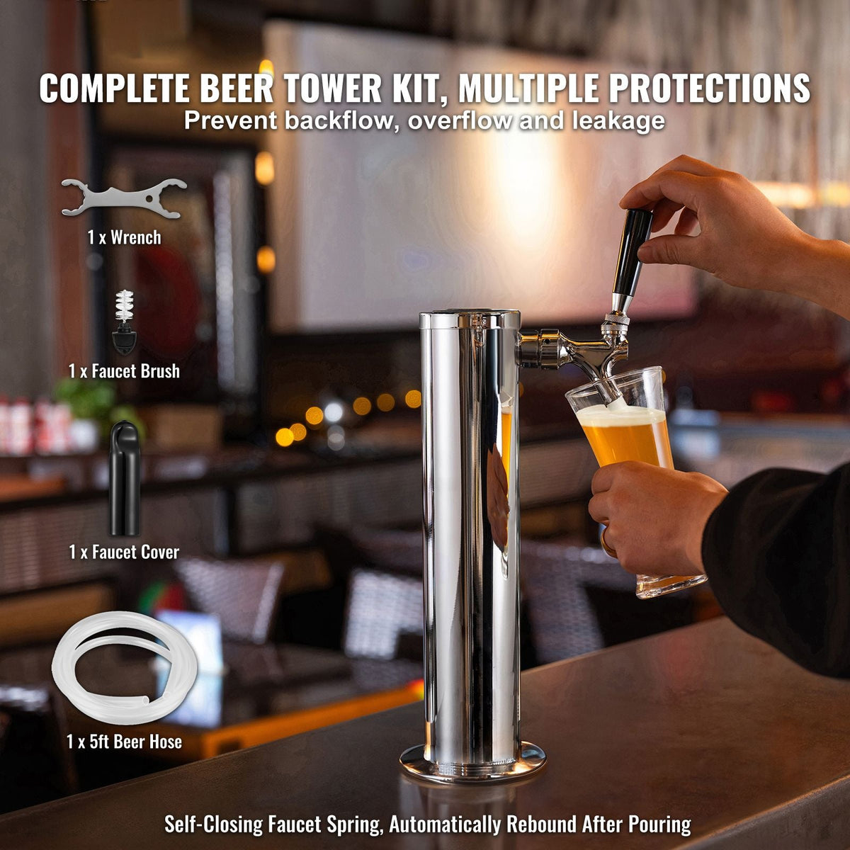 Single Faucet Draft Beer Tower Dispenser, Stainless Steel Keg Beer Tower, Kegerator Tower Kit with Pre-Assembled Tubing and Self-Closing Faucet Shank for Party, Bar, Pub, Restaurant