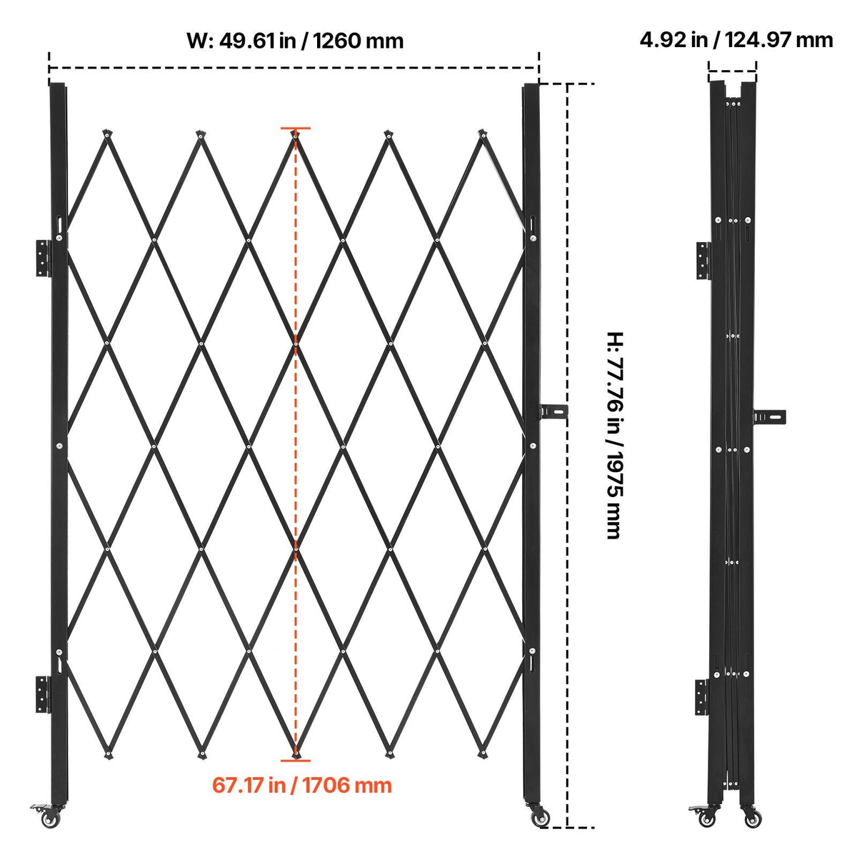 Single Folding Security Gate, Lockable Scissor Gate with 360° Swivel Casters, Outdoor Barricade Steel Retractable Gates, for Entry Security, Garage, Warehouse & Pool, 49.61 x 77.76 in (W x H)