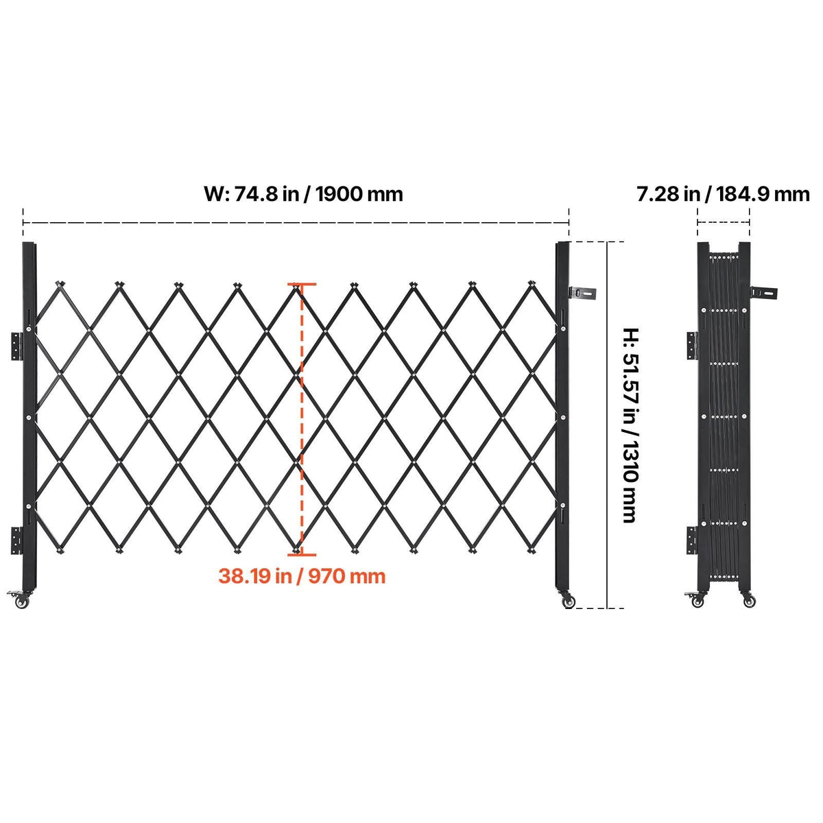 Single Folding Security Gate, Lockable Scissor Gate with 360° Swivel Casters, Outdoor Barricade Steel Retractable Gates, for Entry Security, Garage, Warehouse & Pool, 74.80 x 51.57 in (W x H)