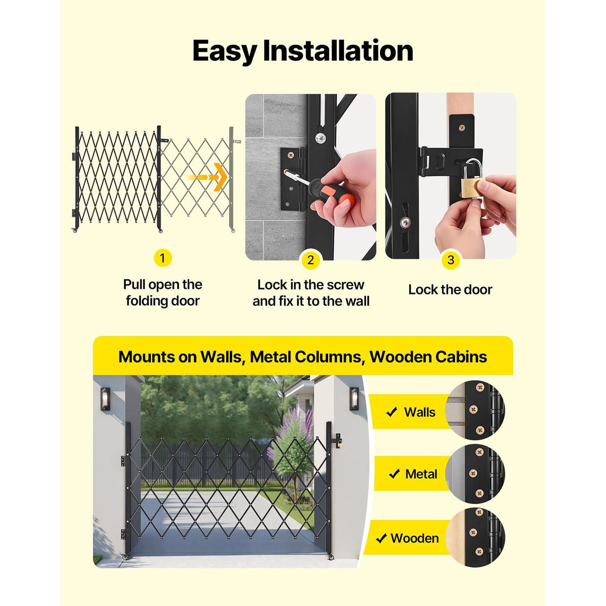 Single Folding Security Gate, Lockable Scissor Gate with 360° Swivel Casters, Outdoor Barricade Steel Retractable Gates, for Entry Security, Garage, Warehouse & Pool, 74.80 x 51.57 in (W x H)