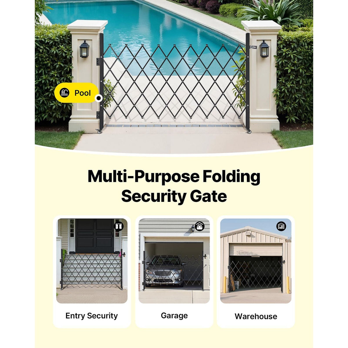 Single Folding Security Gate, Lockable Scissor Gate with 360° Swivel Casters, Outdoor Barricade Steel Retractable Gates, for Entry Security, Garage, Warehouse & Pool, 74.80 x 51.57 in (W x H)
