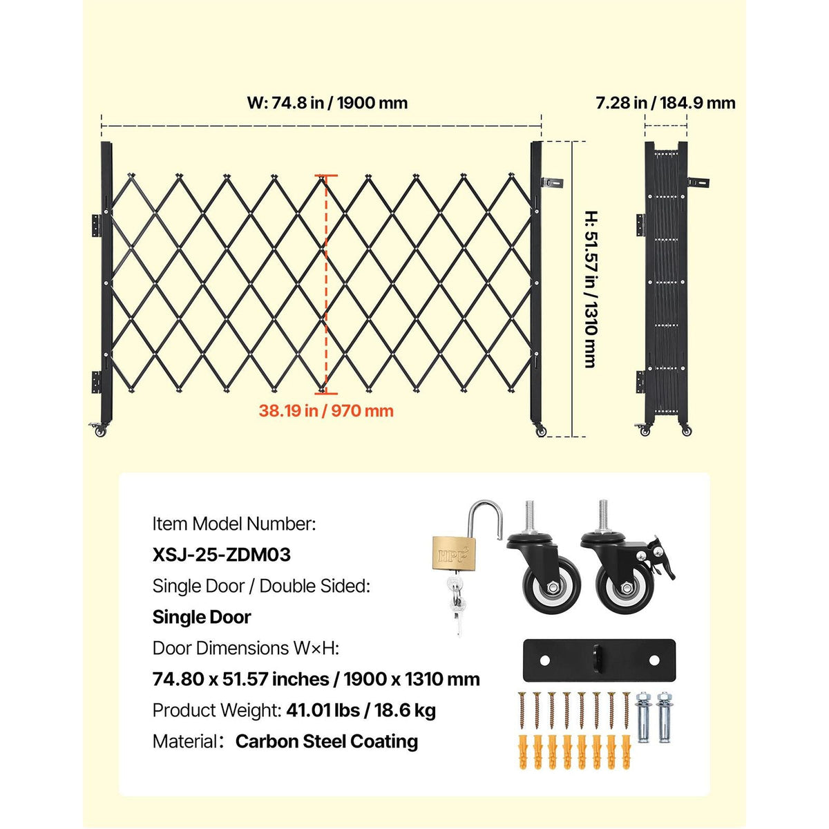 Single Folding Security Gate, Lockable Scissor Gate with 360° Swivel Casters, Outdoor Barricade Steel Retractable Gates, for Entry Security, Garage, Warehouse & Pool, 74.80 x 51.57 in (W x H)