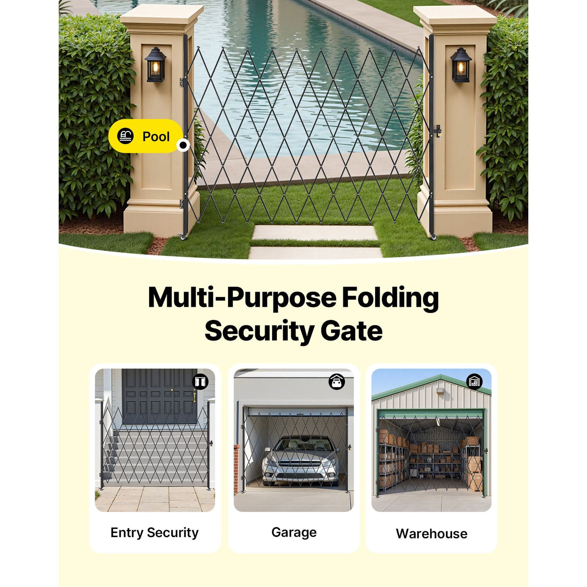 Single Folding Security Gate, Lockable Scissor Gate with 360° Swivel Casters, Outdoor Barricade Steel Retractable Gates, for Entry Security, Garage, Warehouse & Pool, 94.49 x 86.81 in (W x H)