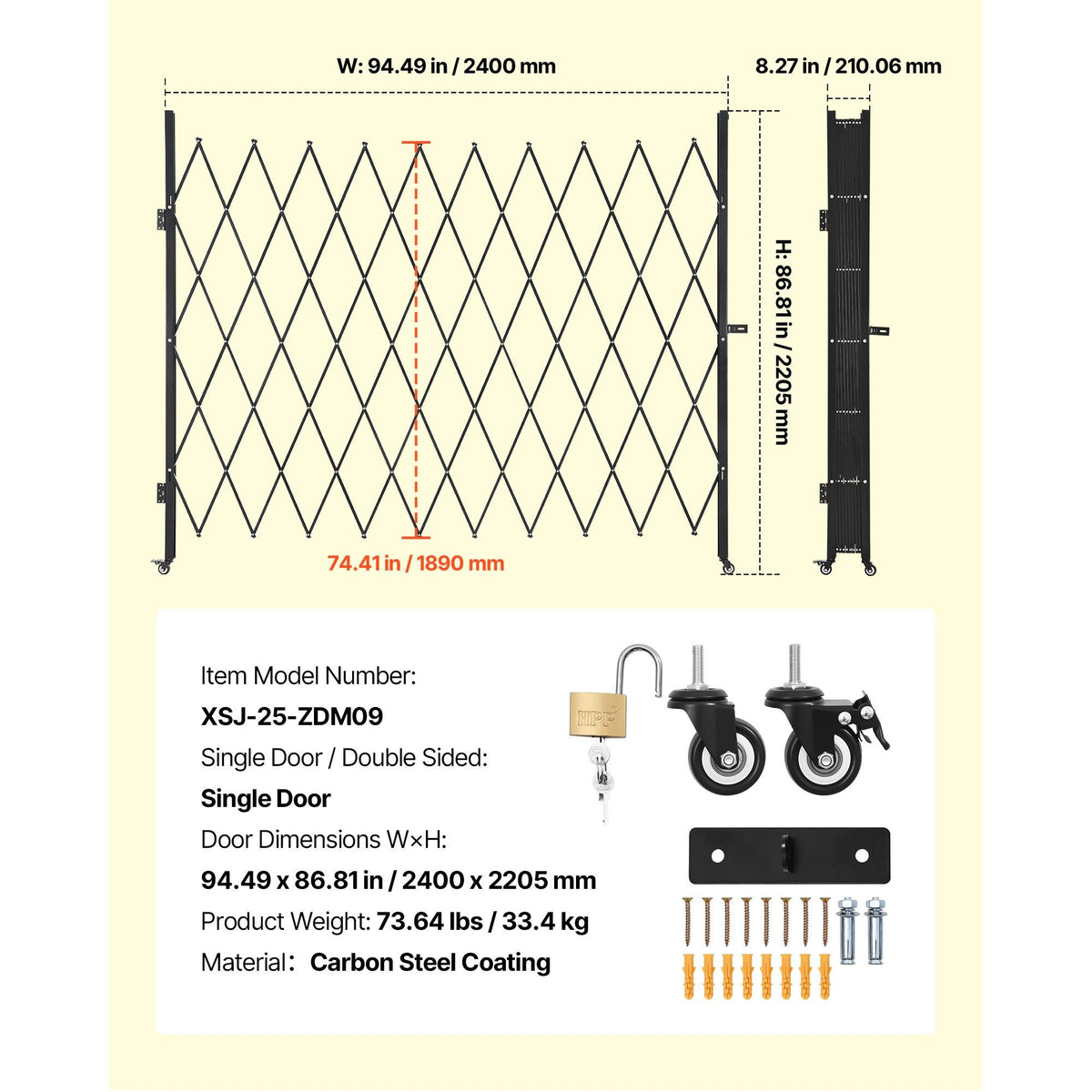 Single Folding Security Gate, Lockable Scissor Gate with 360° Swivel Casters, Outdoor Barricade Steel Retractable Gates, for Entry Security, Garage, Warehouse & Pool, 94.49 x 86.81 in (W x H)