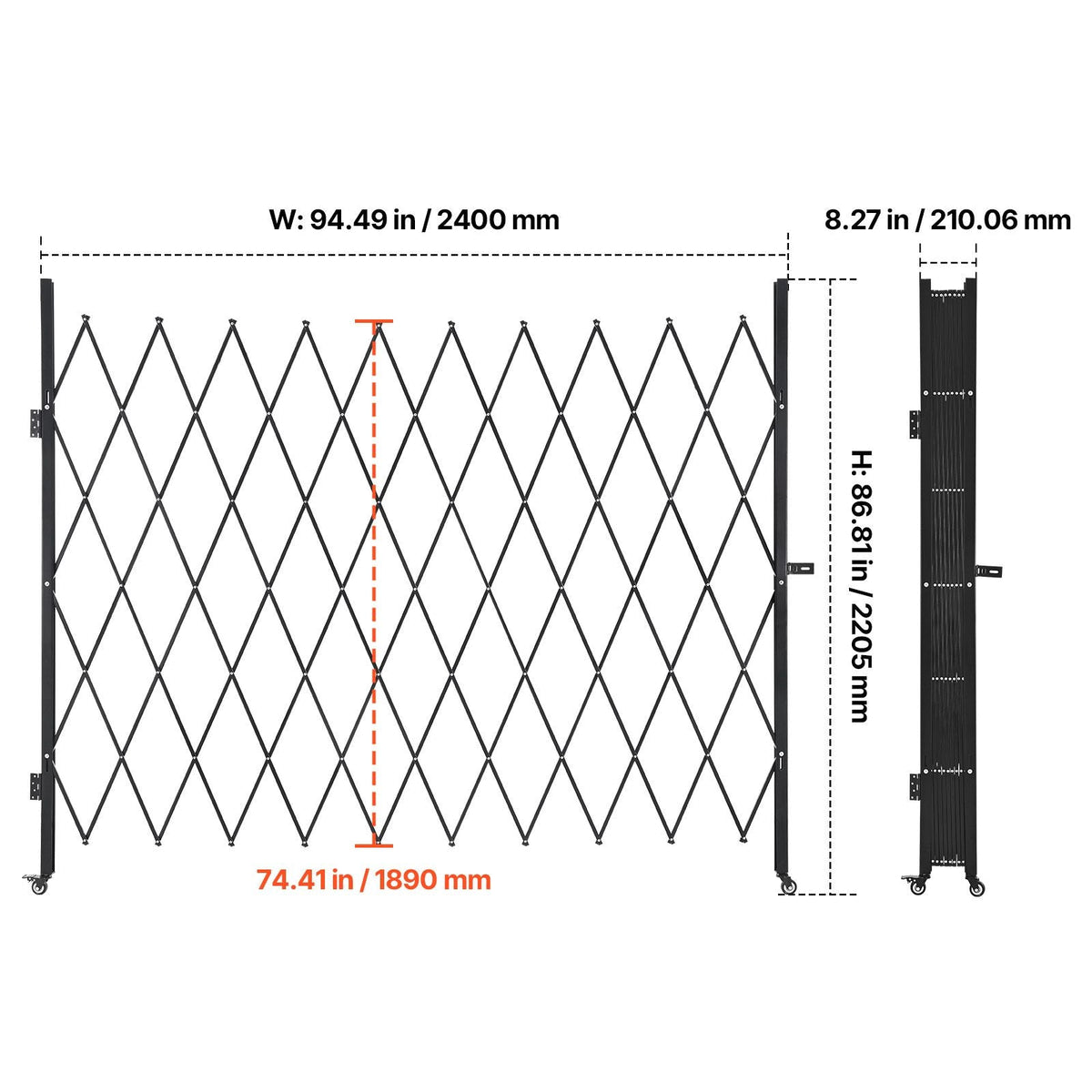 Single Folding Security Gate, Lockable Scissor Gate with 360° Swivel Casters, Outdoor Barricade Steel Retractable Gates, for Entry Security, Garage, Warehouse & Pool, 94.49 x 86.81 in (W x H)