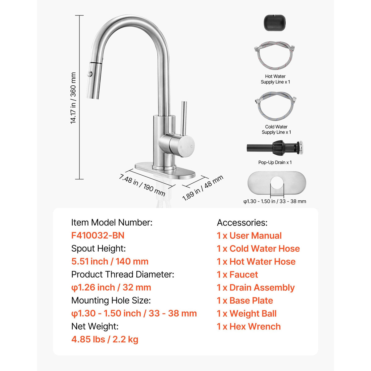 Single Handle Sink Faucet, Brushed Nickel Kitchen Faucet with Pull Down Sprayer, Suitable for Bathroom, RV, Bar Sink, Public Restroom, Stream & Spray Dual Water Flow Modes, Leak-Proof Valve