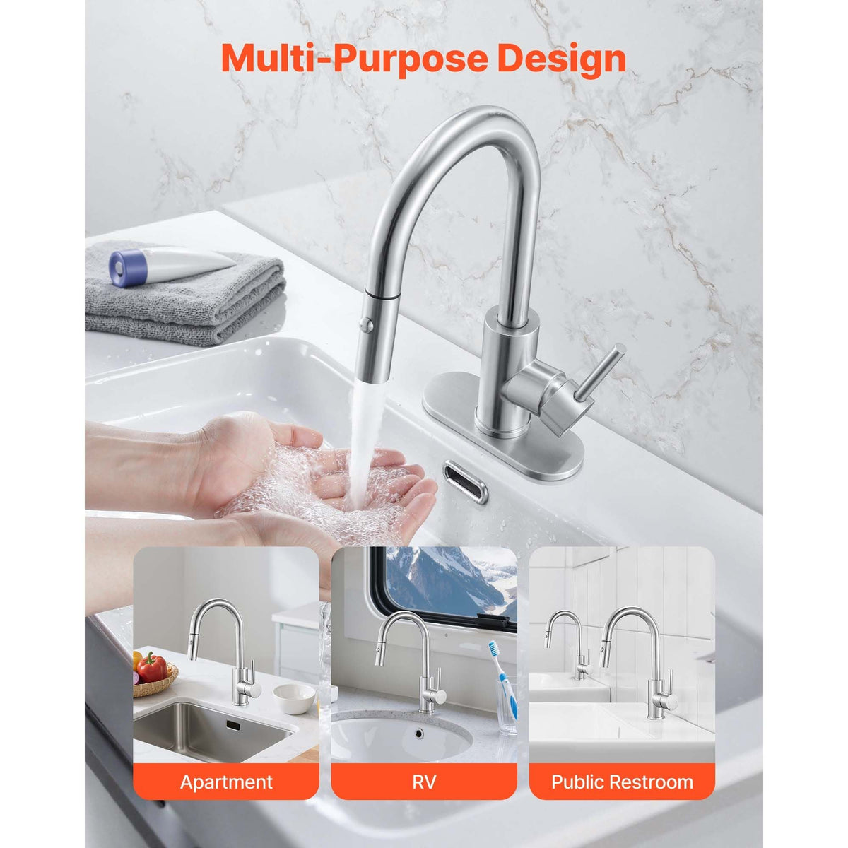 Single Handle Sink Faucet, Brushed Nickel Kitchen Faucet with Pull Down Sprayer, Suitable for Bathroom, RV, Bar Sink, Public Restroom, Stream & Spray Dual Water Flow Modes, Leak-Proof Valve