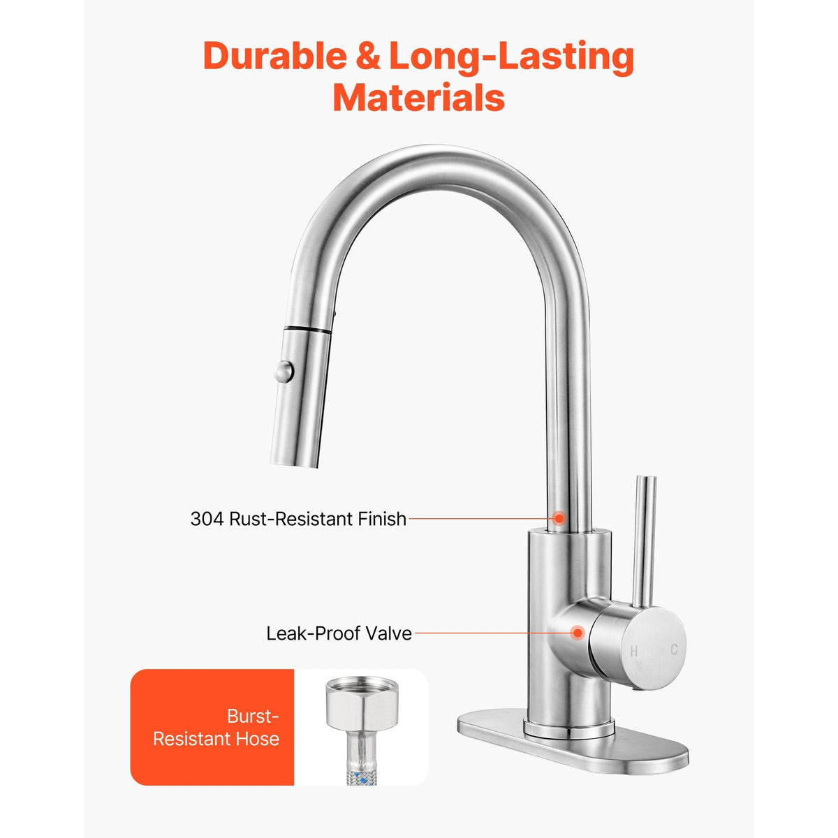 Single Handle Sink Faucet, Brushed Nickel Kitchen Faucet with Pull Down Sprayer, Suitable for Bathroom, RV, Bar Sink, Public Restroom, Stream & Spray Dual Water Flow Modes, Leak-Proof Valve