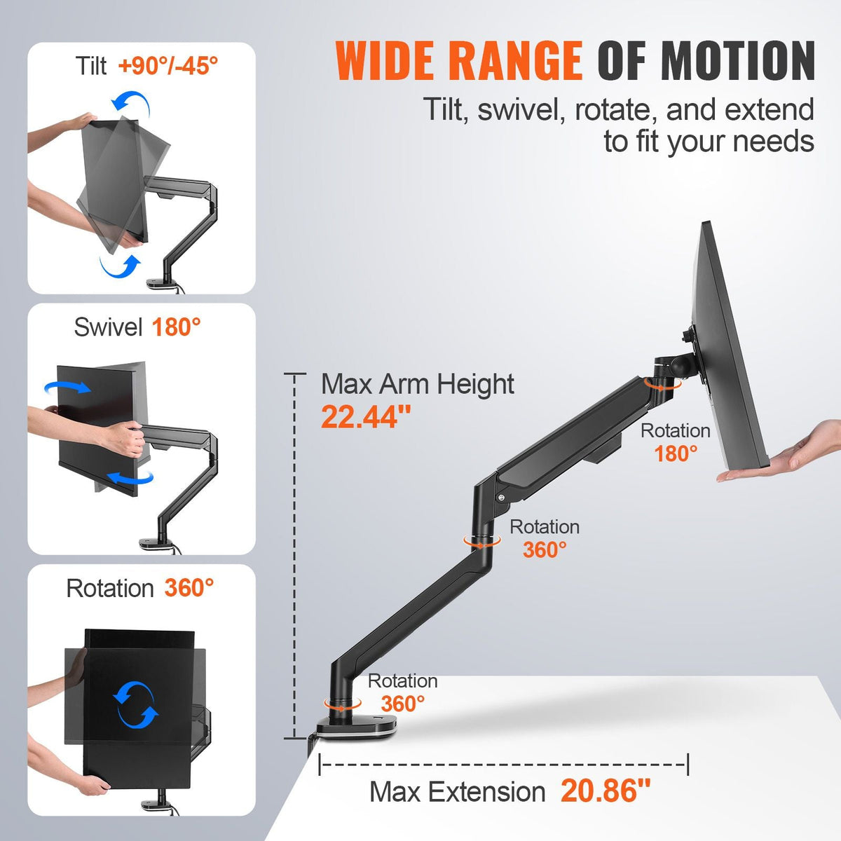 Single Monitor Mount with USB, Supports 13"-35" Screen, Adjustable Gas Spring Monitor Arm, Holds up to 26.4 lbs, Monitor Arm Desk Mount with C-Clamp/Grommet Mounting Base, VESA Mount 75/100mm